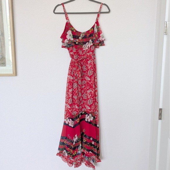 One September Anthropologie Red Floral Ruffle Maxi Dress Petite Small SP - Picture 4 of 9